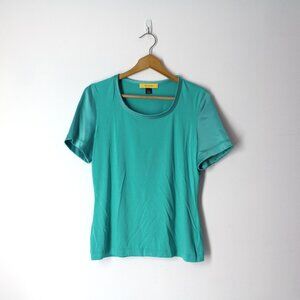 ST. JOHN women's green t-shirt top sz M soft stretch knit satin trim & sleeves